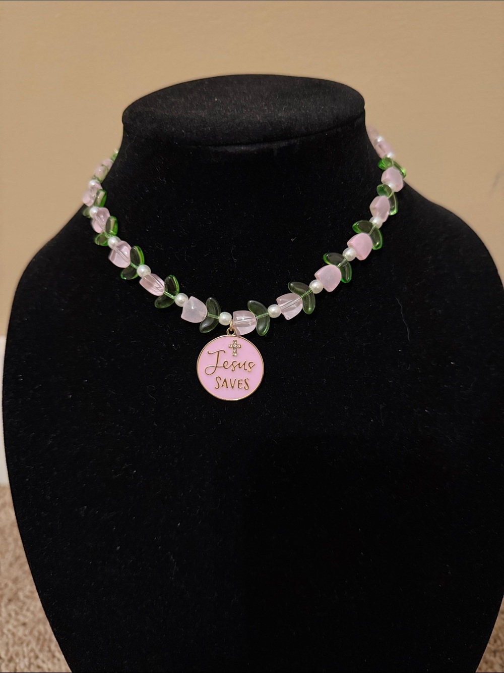 Pink and Green Beaded 'Jesus Saves' Necklace
